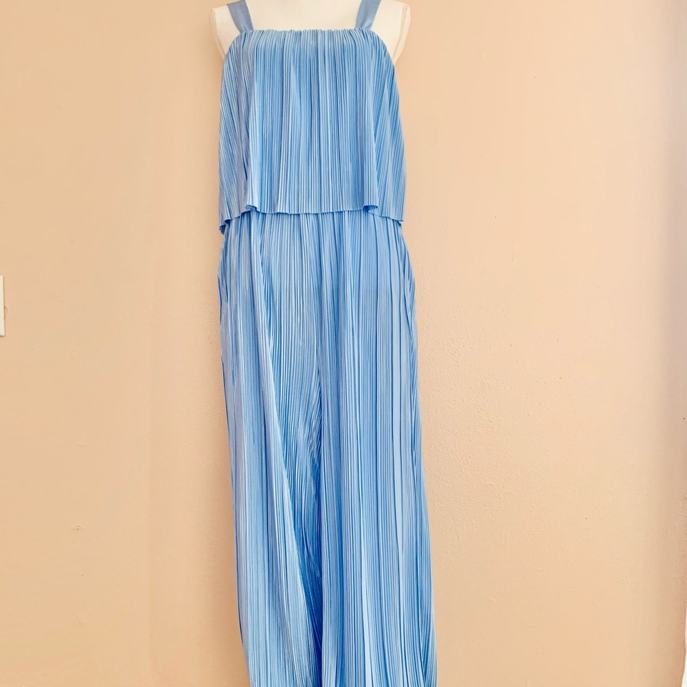 ARULA Blue Pleated Jumpsuit with Adjustable Straps